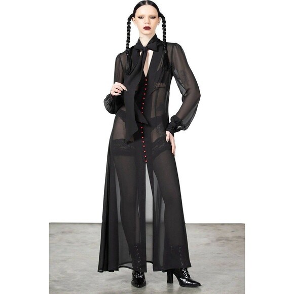 Killstar Black Sheer Cecile Maxi Dress Size L Bow Neck Gothic Vamp Sultry Witchy - Picture 12 of 14